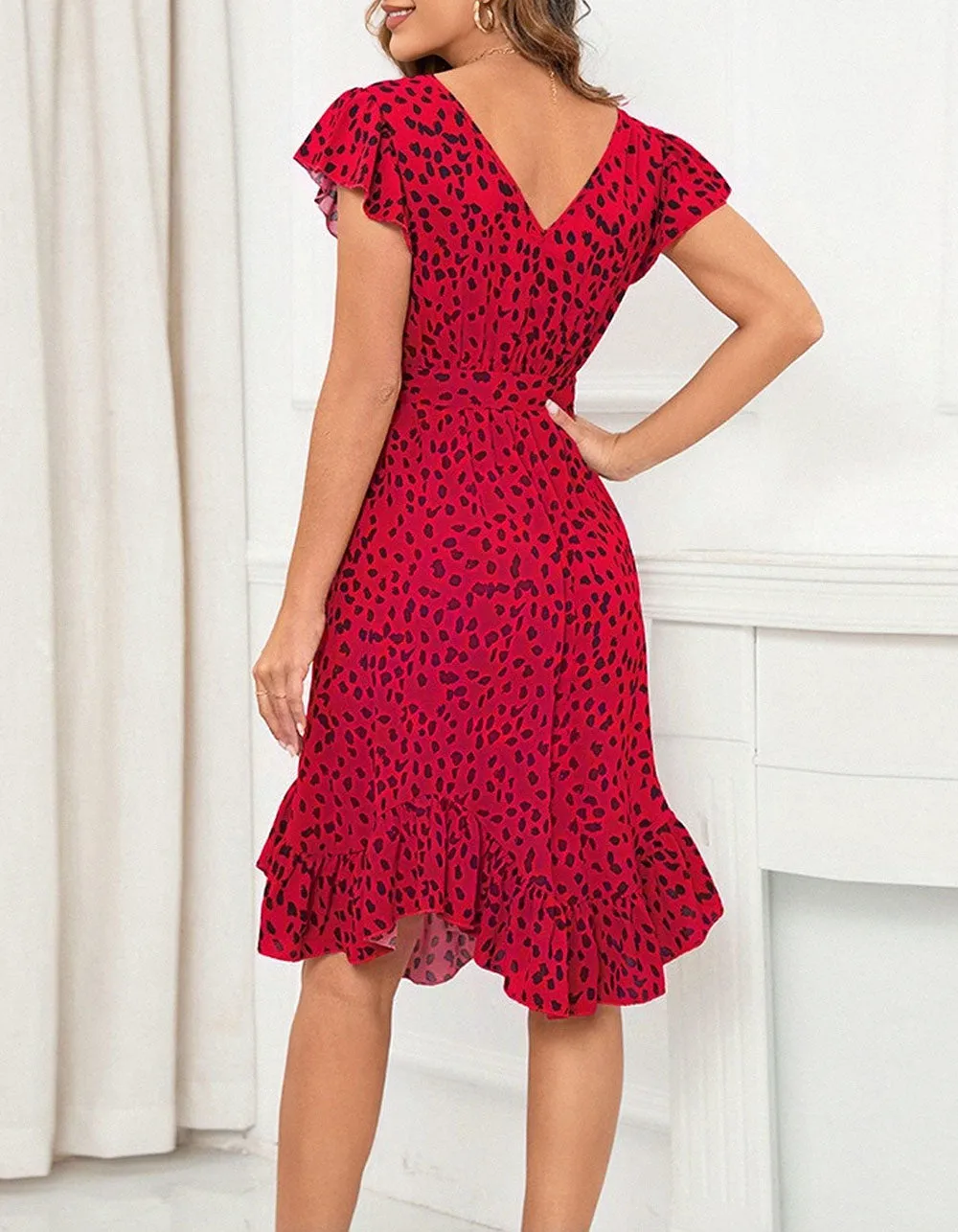 Leopard Print Slim V-Neck Ruffle Short Sleeve Asymmetrical Midi A-Line Dresses