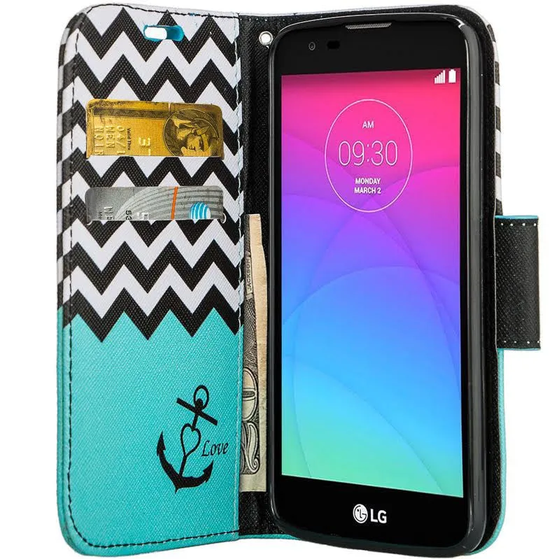 LG Leon LTE Case | Lg Tribute 2 Case | LG Power | LG Sunset | LG Destiny | LG Risio Case, Wallet Case, Wrist Strap [Kickstand] Pu Leather Wallet Case with ID & Credit Card Slots - Teal Chevron