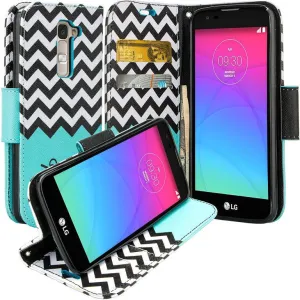 LG Leon LTE Case | Lg Tribute 2 Case | LG Power | LG Sunset | LG Destiny | LG Risio Case, Wallet Case, Wrist Strap [Kickstand] Pu Leather Wallet Case with ID & Credit Card Slots - Teal Chevron
