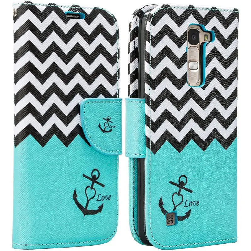 LG Leon LTE Case | Lg Tribute 2 Case | LG Power | LG Sunset | LG Destiny | LG Risio Case, Wallet Case, Wrist Strap [Kickstand] Pu Leather Wallet Case with ID & Credit Card Slots - Teal Chevron