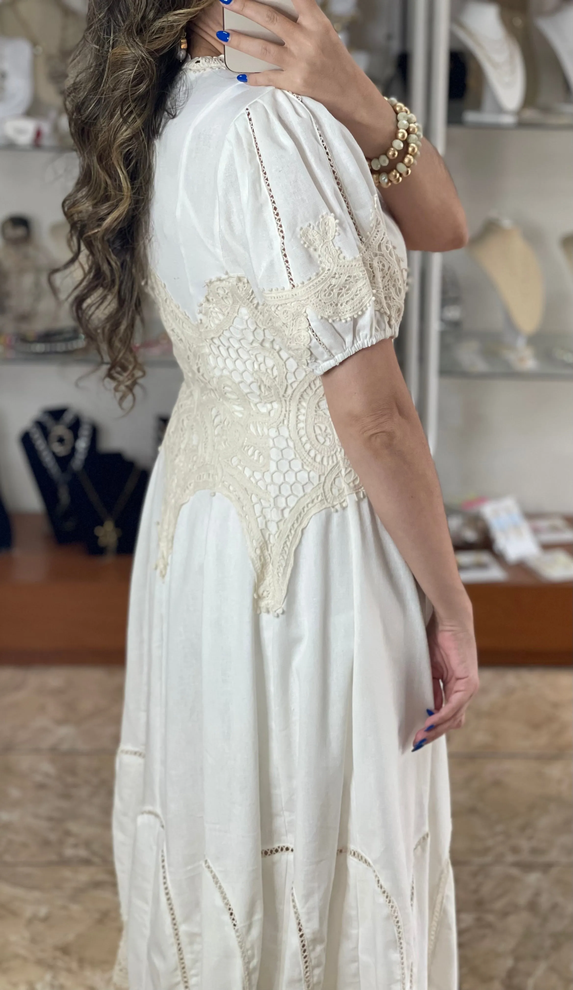 Linen With Crochet Details Midi Dress