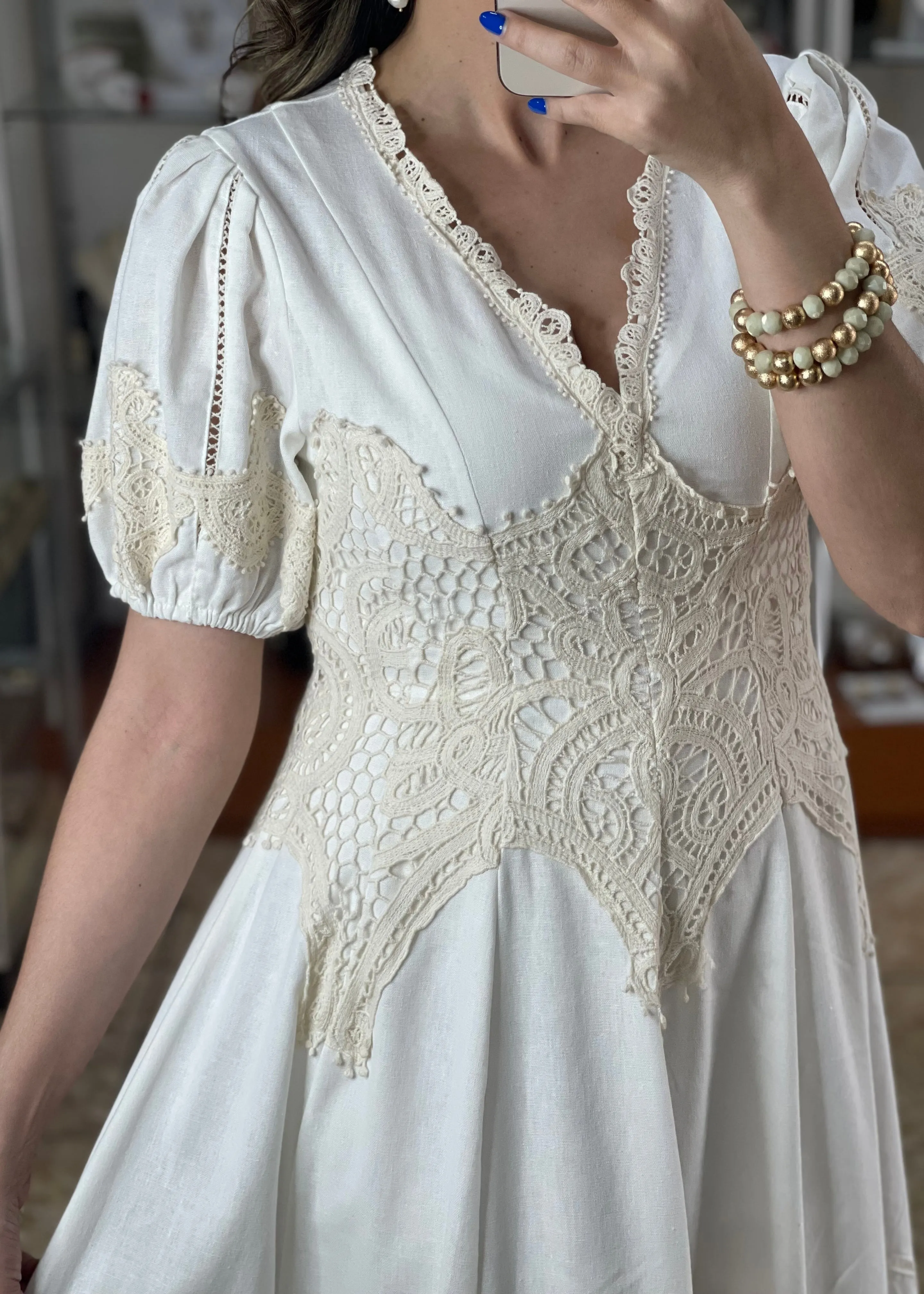 Linen With Crochet Details Midi Dress