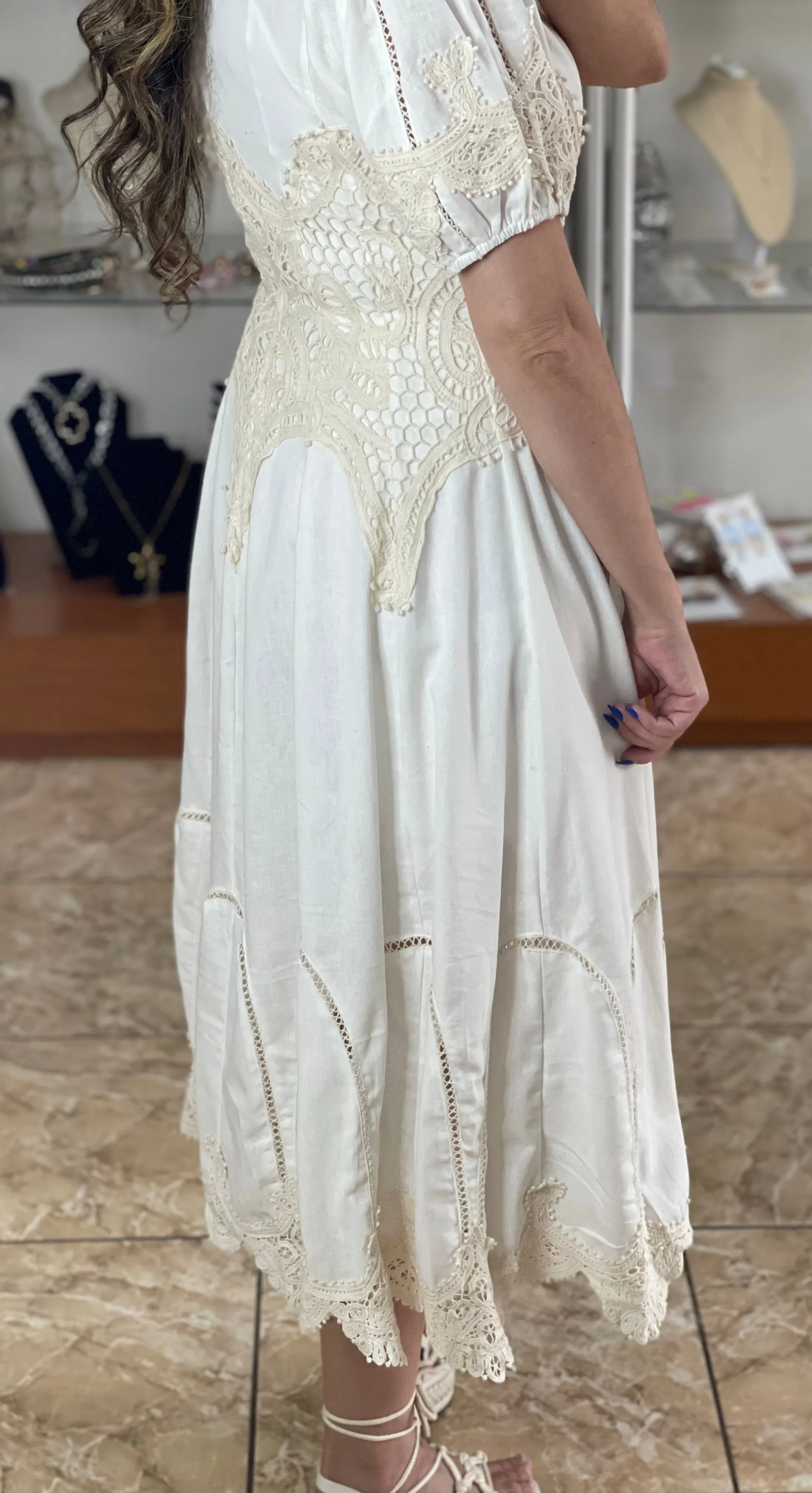 Linen With Crochet Details Midi Dress