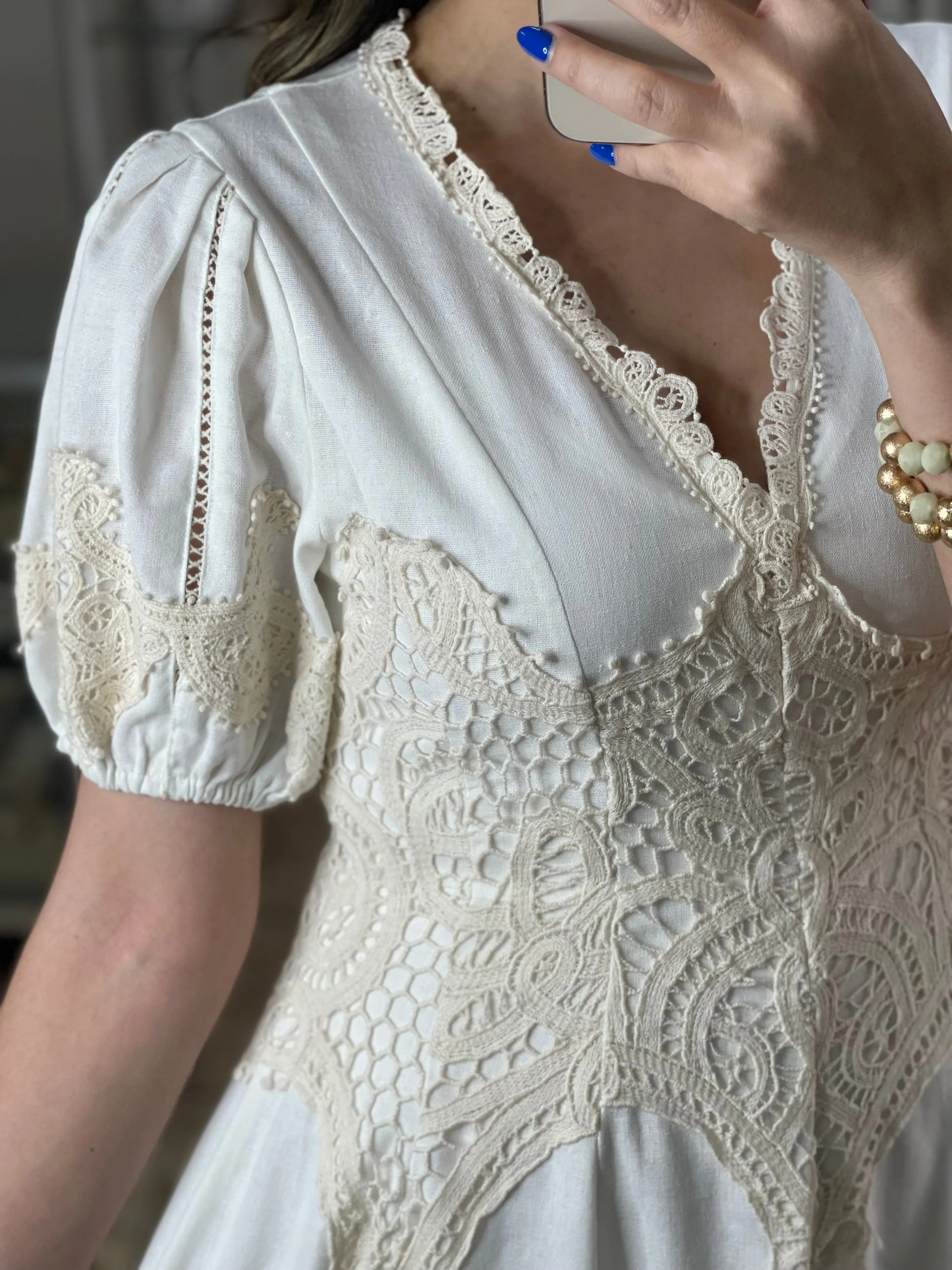 Linen With Crochet Details Midi Dress