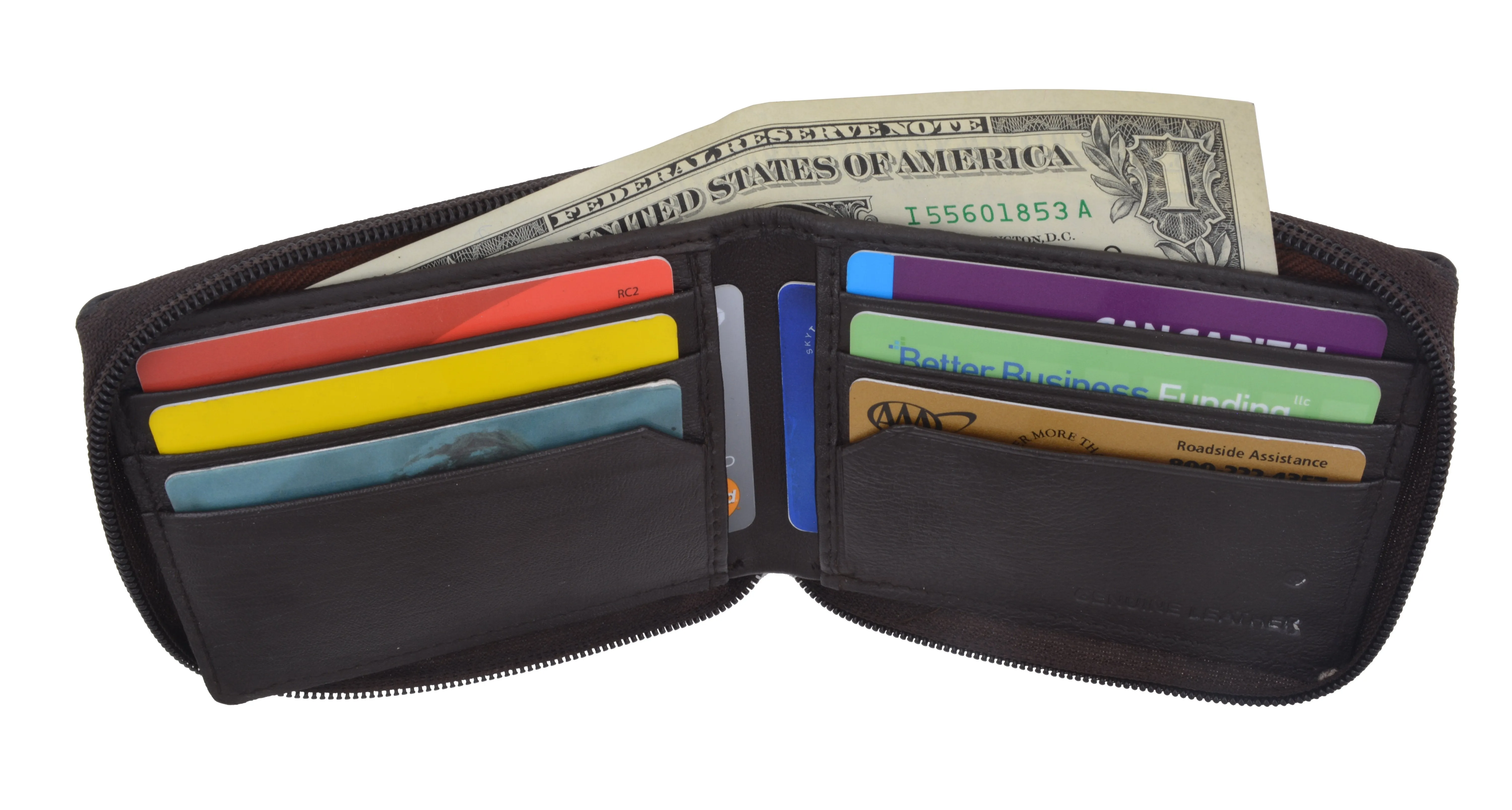 Men's Premium Leather Zip Around W/Outside ID Bifold Wallet P1574