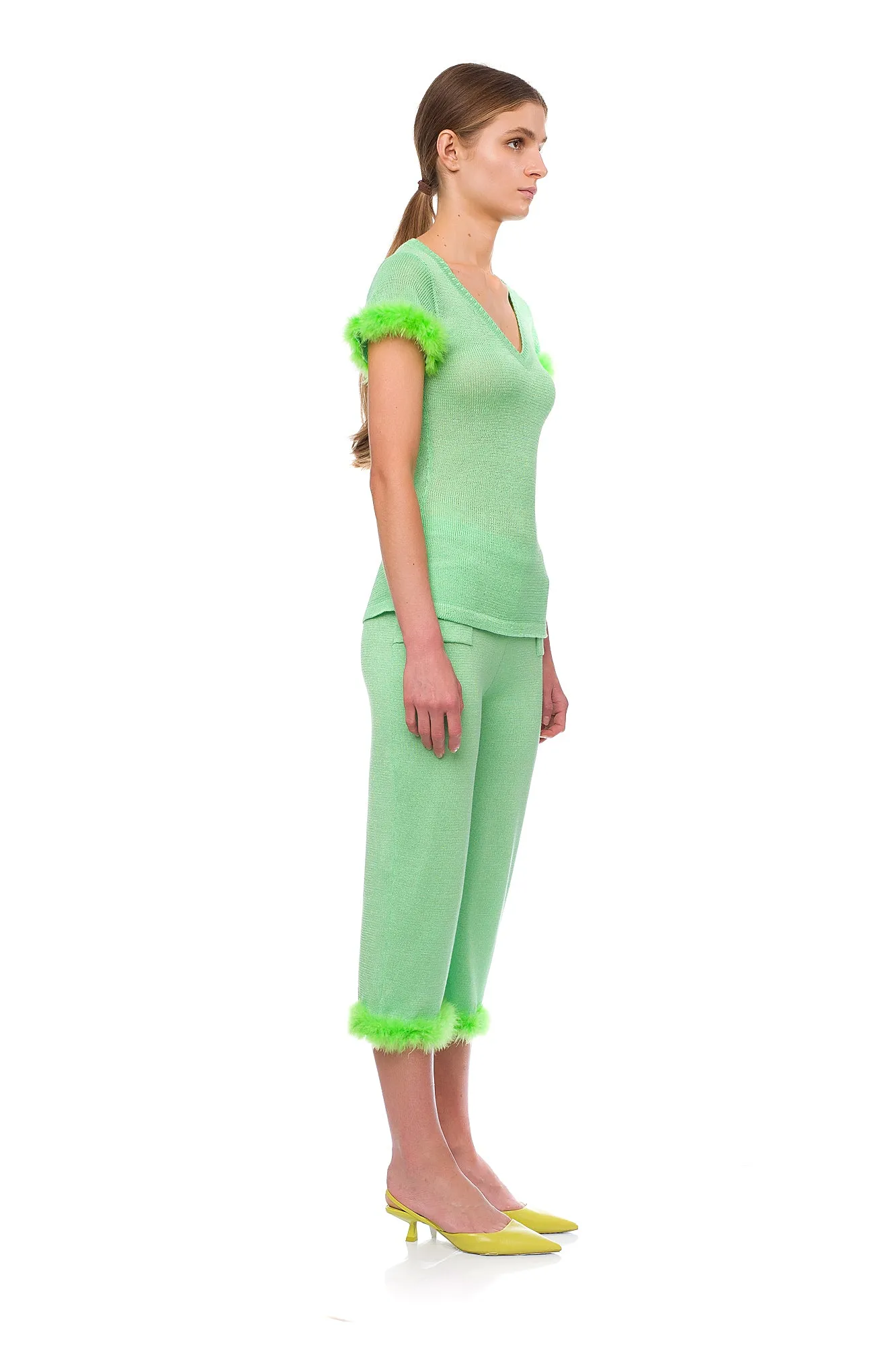 Mint knit pants with feather details