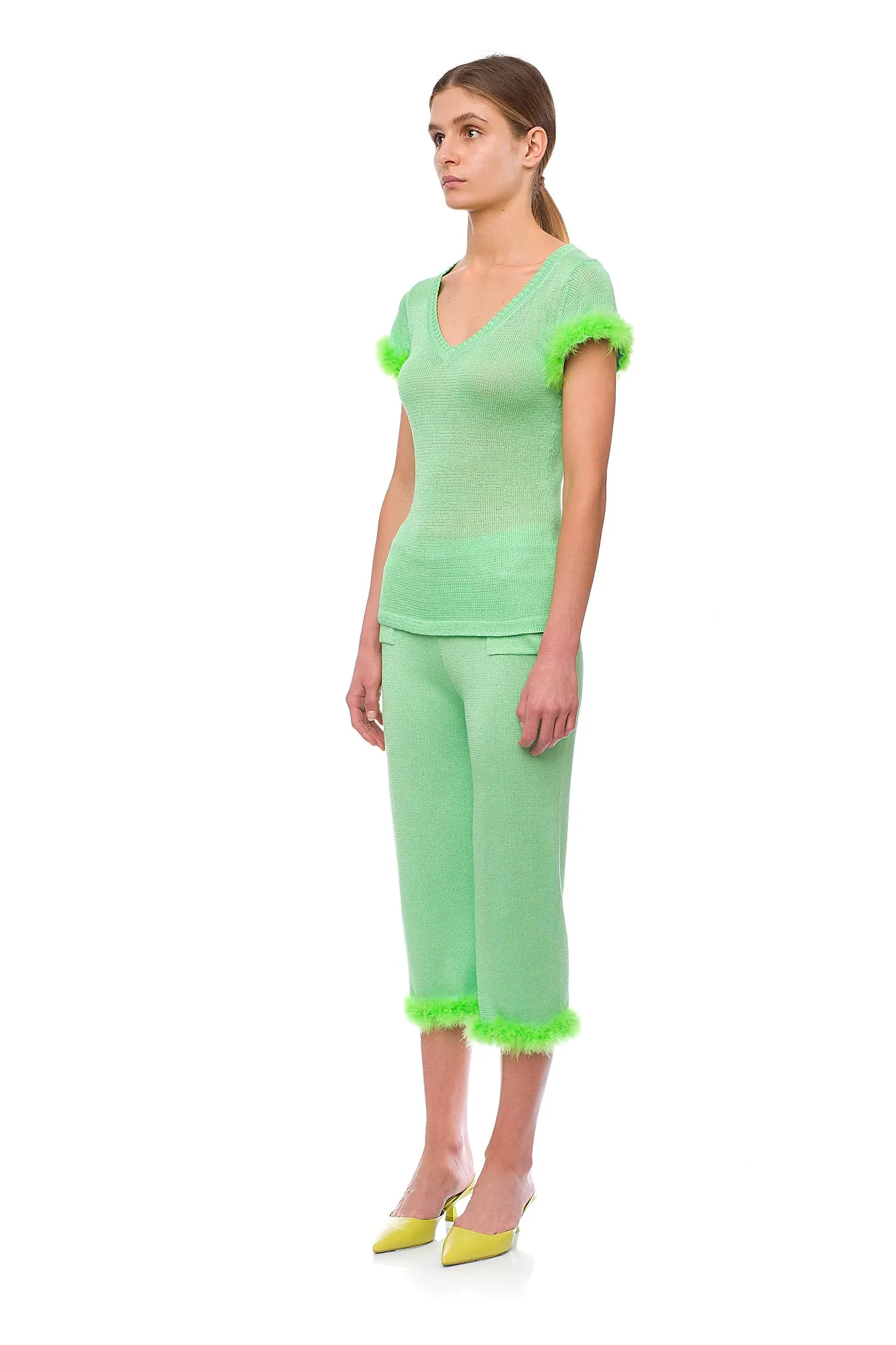 Mint knit pants with feather details