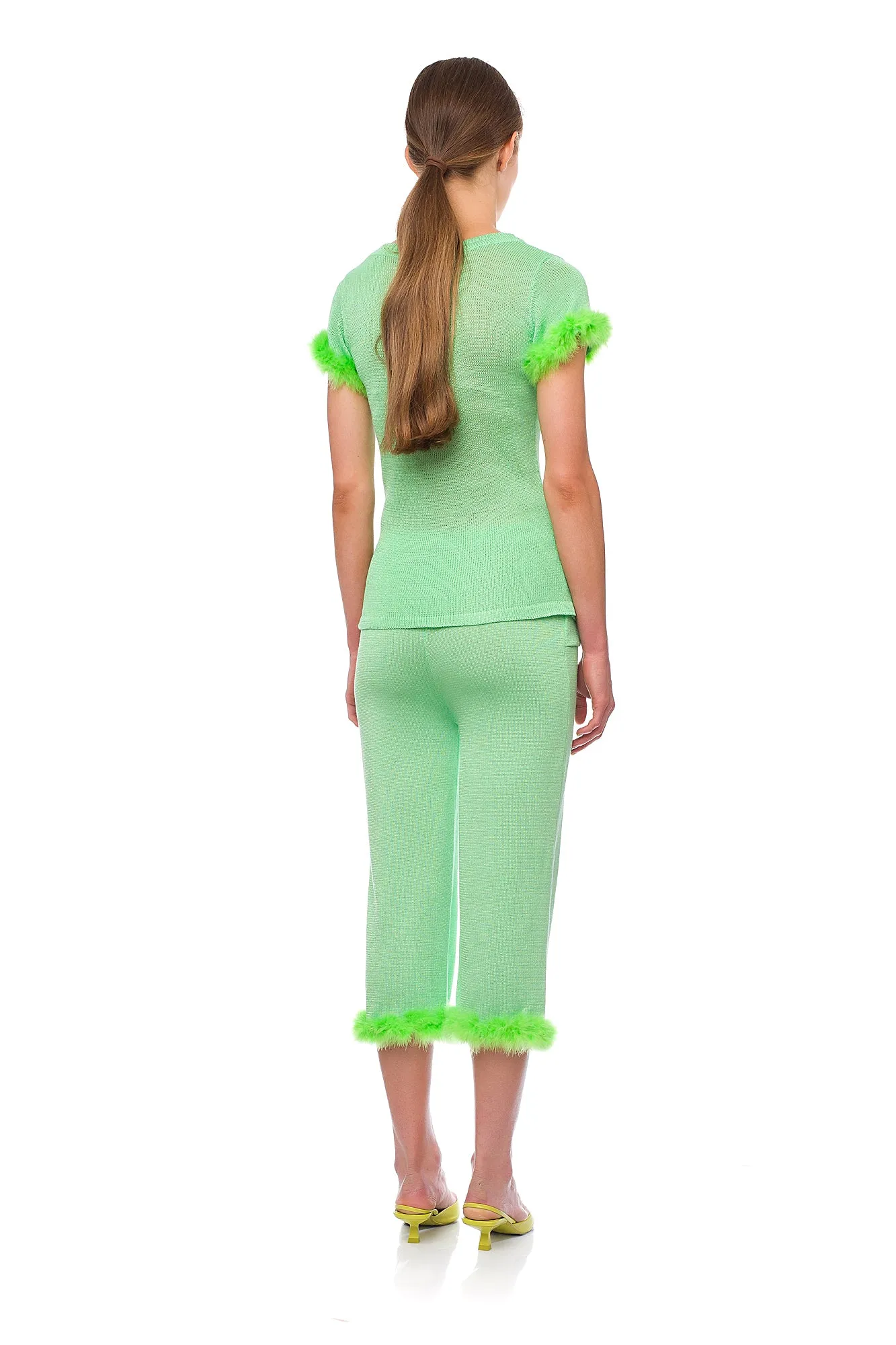 Mint knit pants with feather details