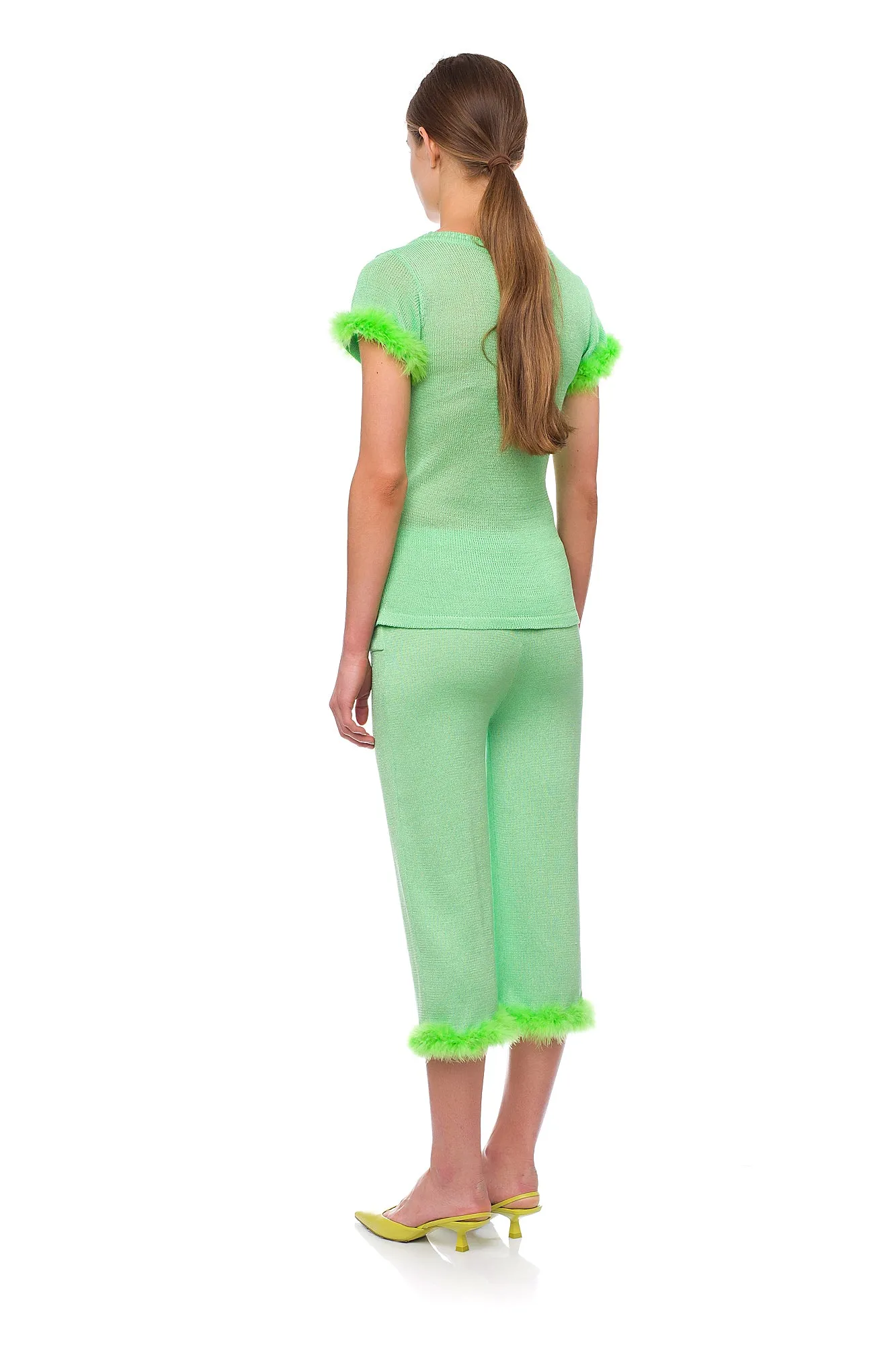 Mint knit pants with feather details