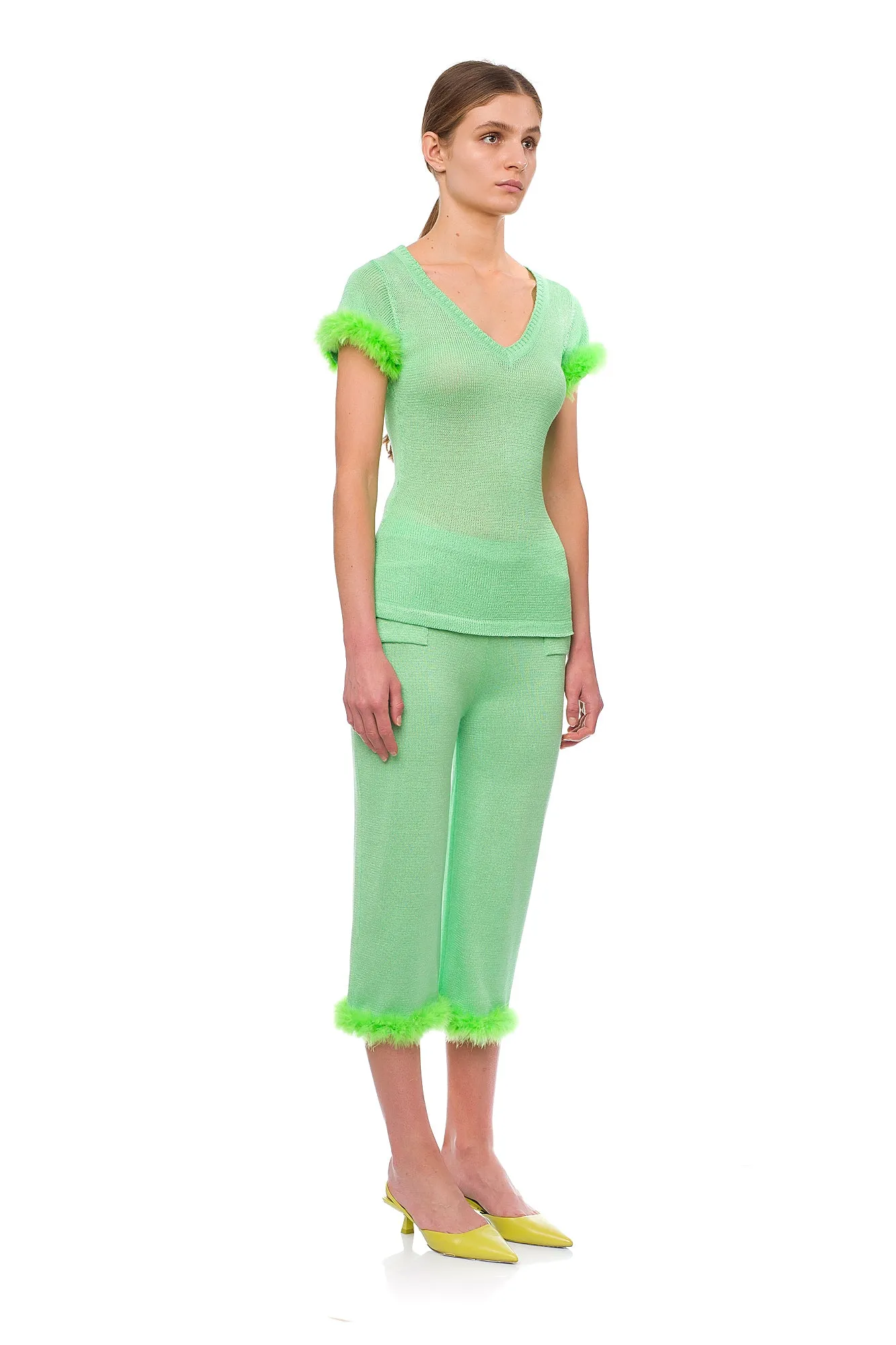 Mint knit pants with feather details