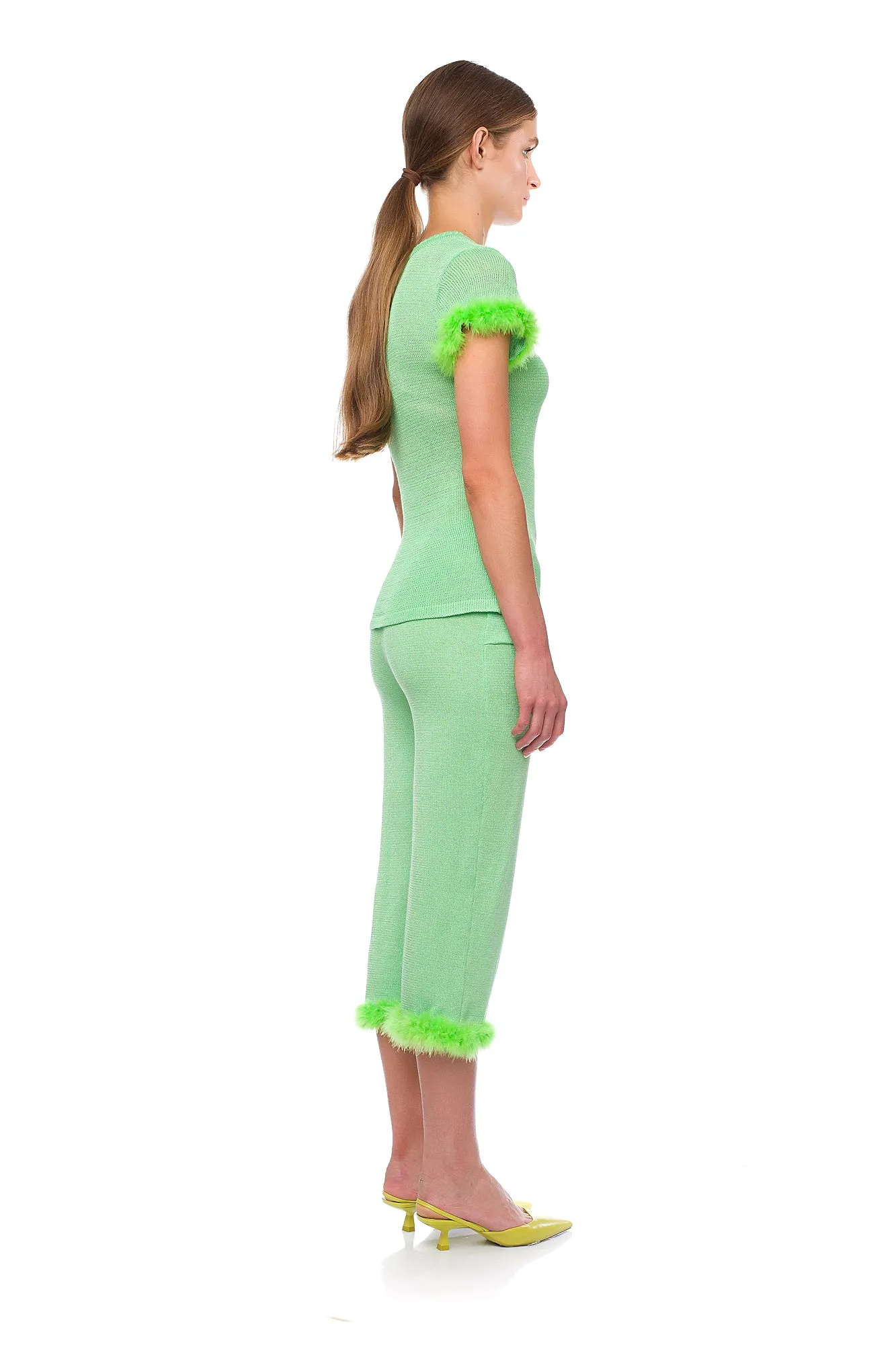 Mint knit pants with feather details