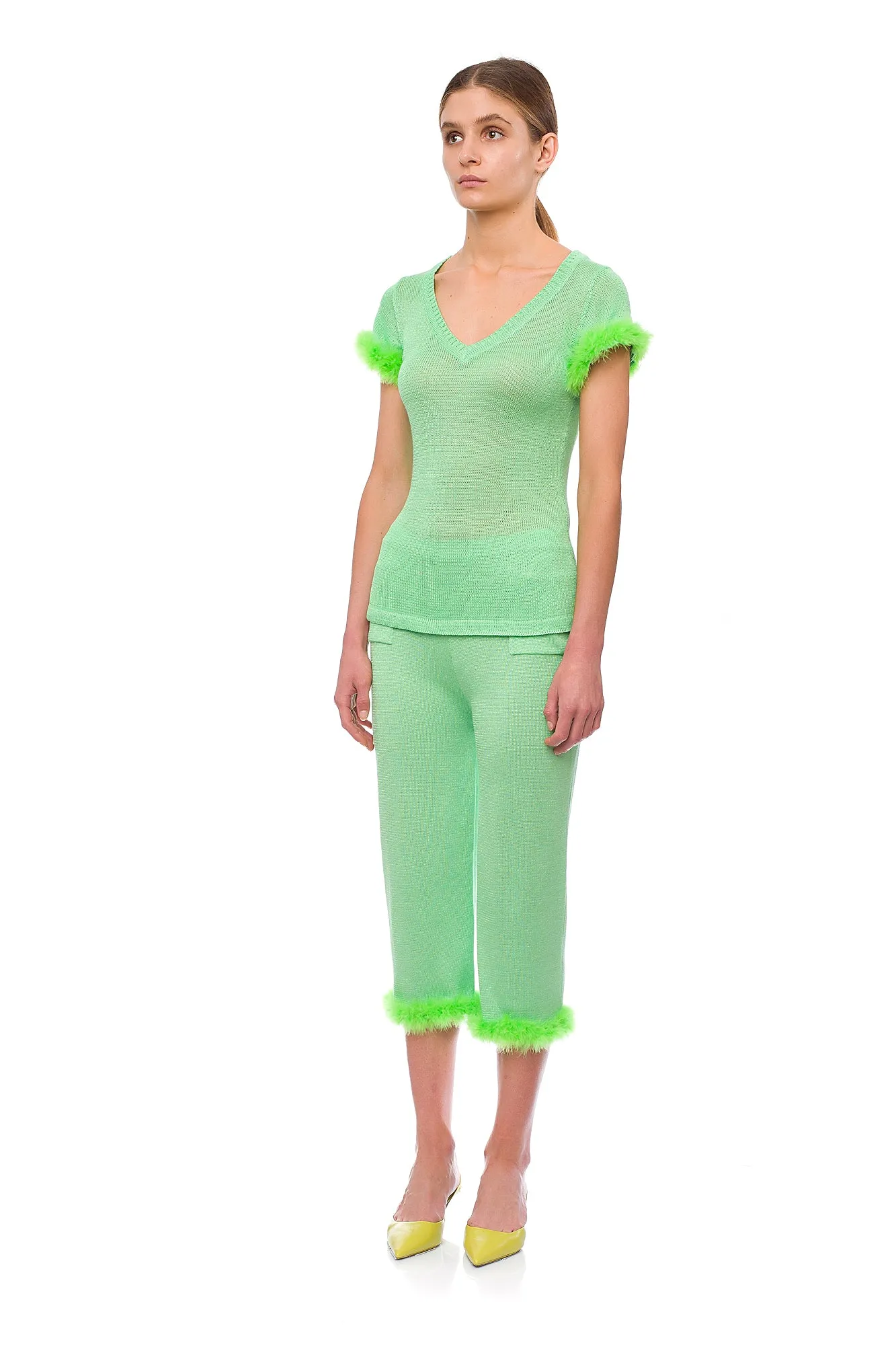 Mint knit pants with feather details
