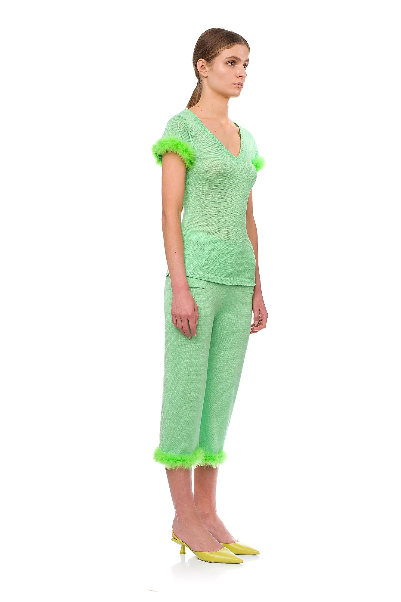 Mint knit pants with feather details