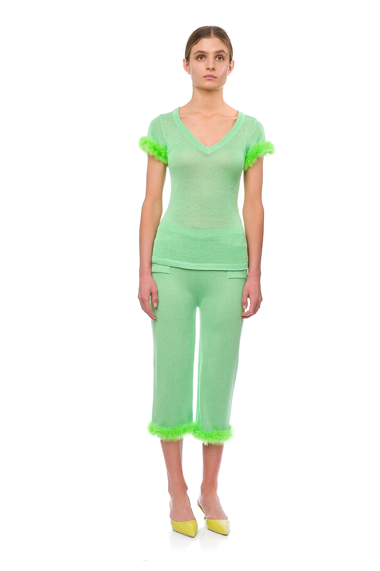 Mint knit pants with feather details