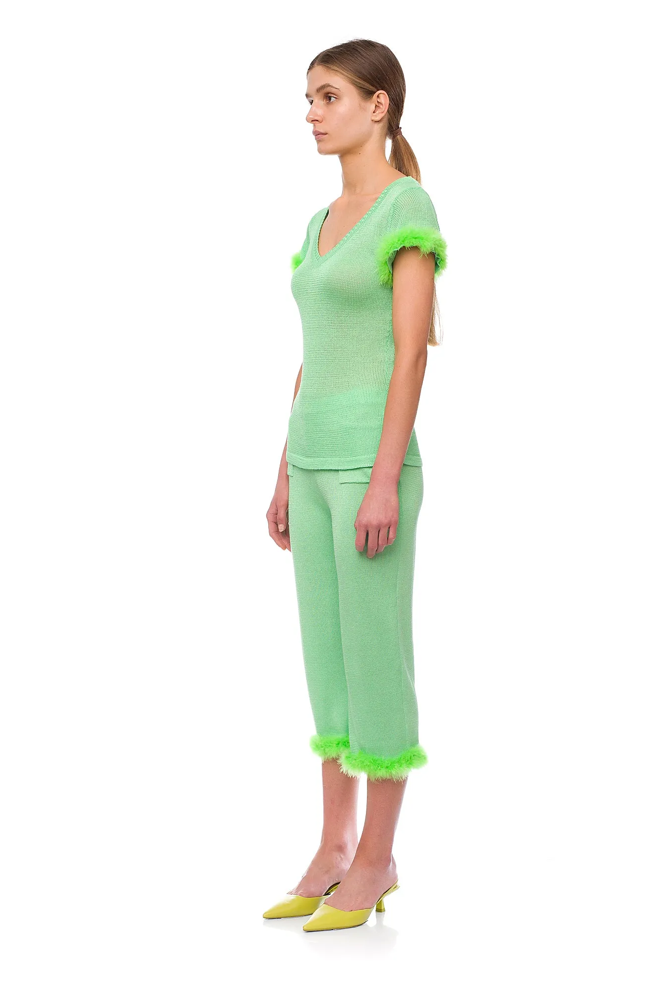 Mint knit pants with feather details