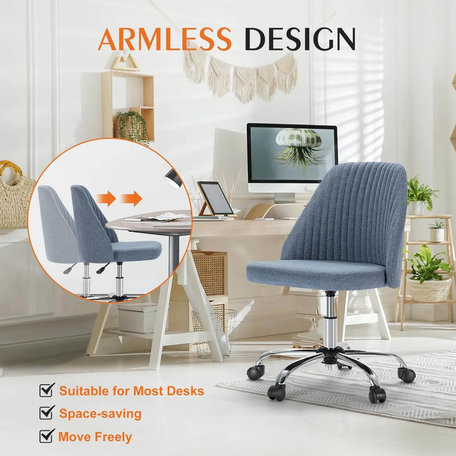 Modern Fabric Armless Adjustable Swivel Office Desk Chairs with Wheels