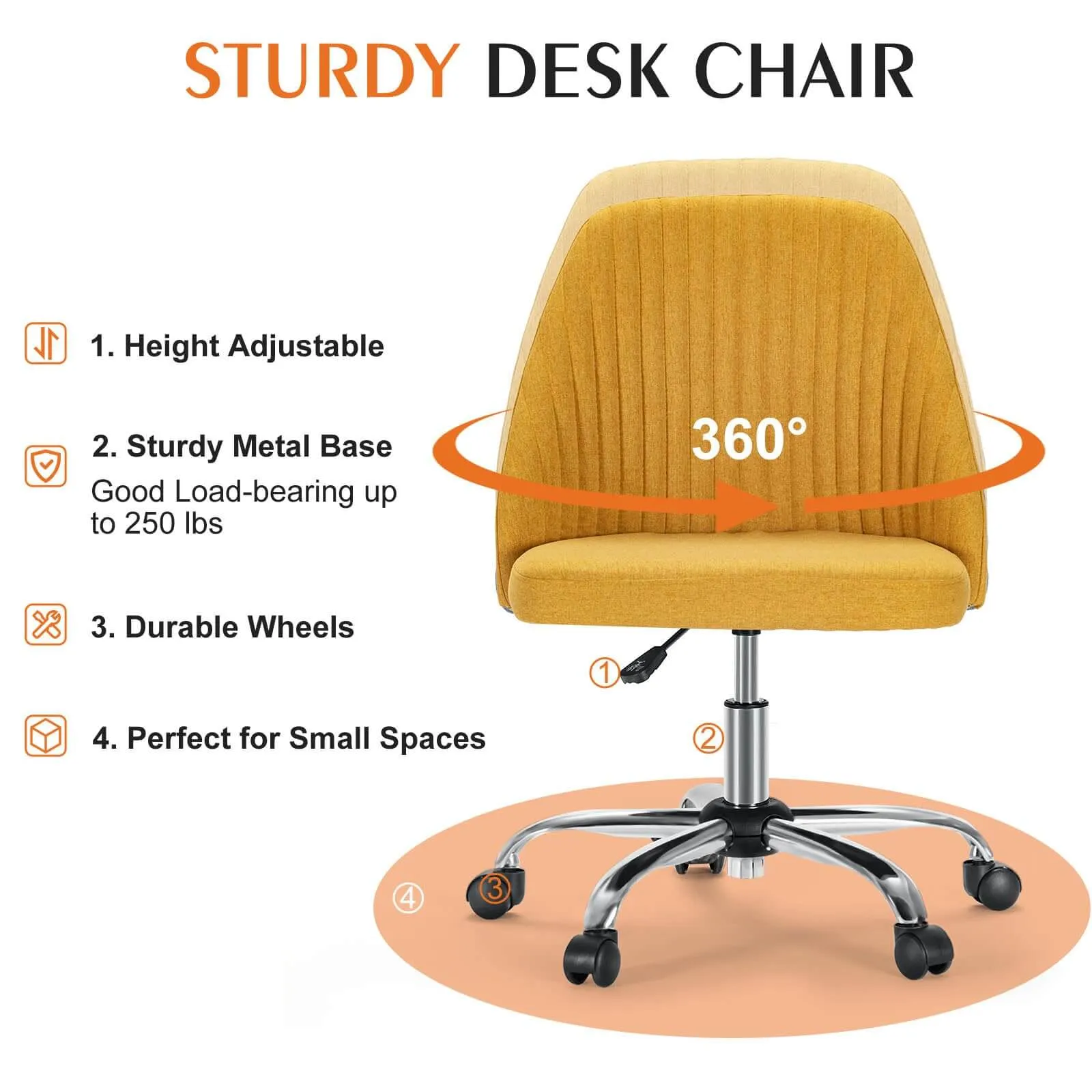Modern Fabric Armless Adjustable Swivel Office Desk Chairs with Wheels