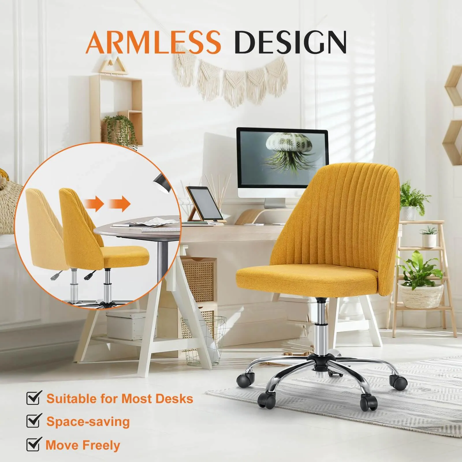 Modern Fabric Armless Adjustable Swivel Office Desk Chairs with Wheels