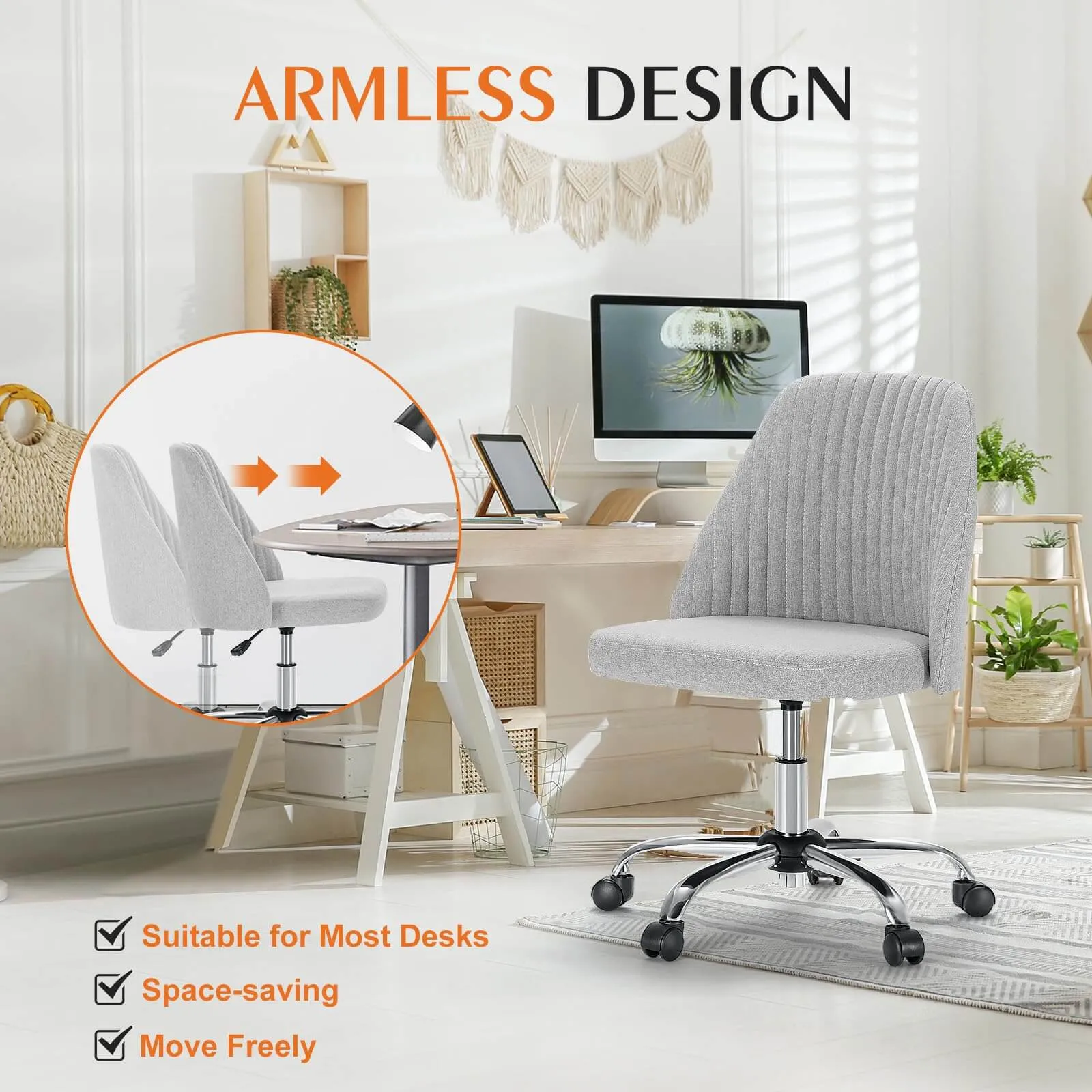 Modern Fabric Armless Adjustable Swivel Office Desk Chairs with Wheels