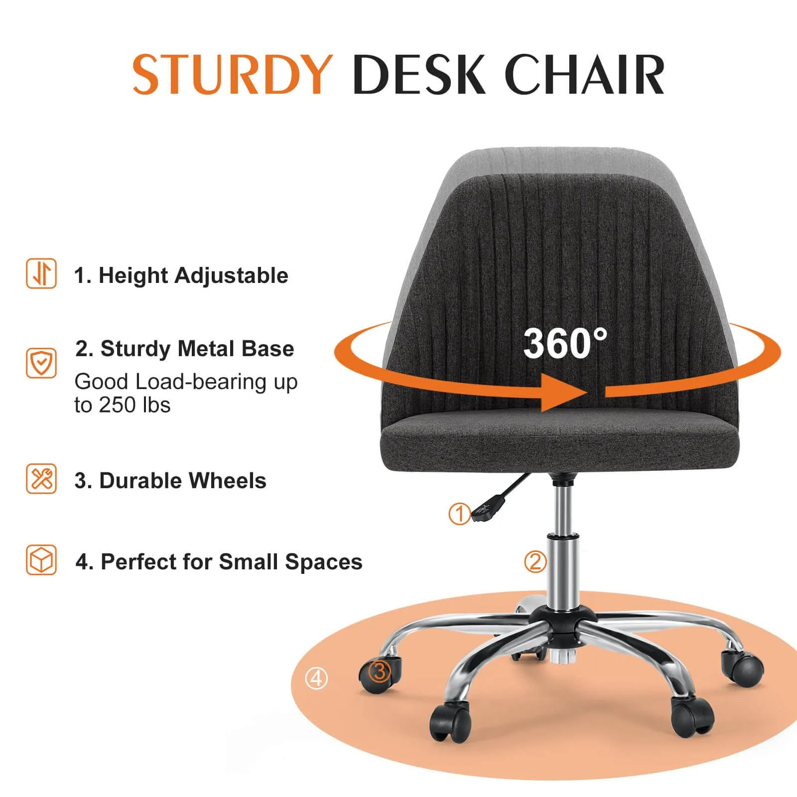 Modern Fabric Armless Adjustable Swivel Office Desk Chairs with Wheels