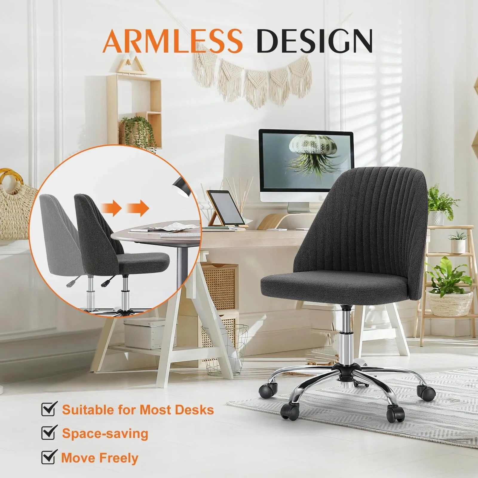 Modern Fabric Armless Adjustable Swivel Office Desk Chairs with Wheels