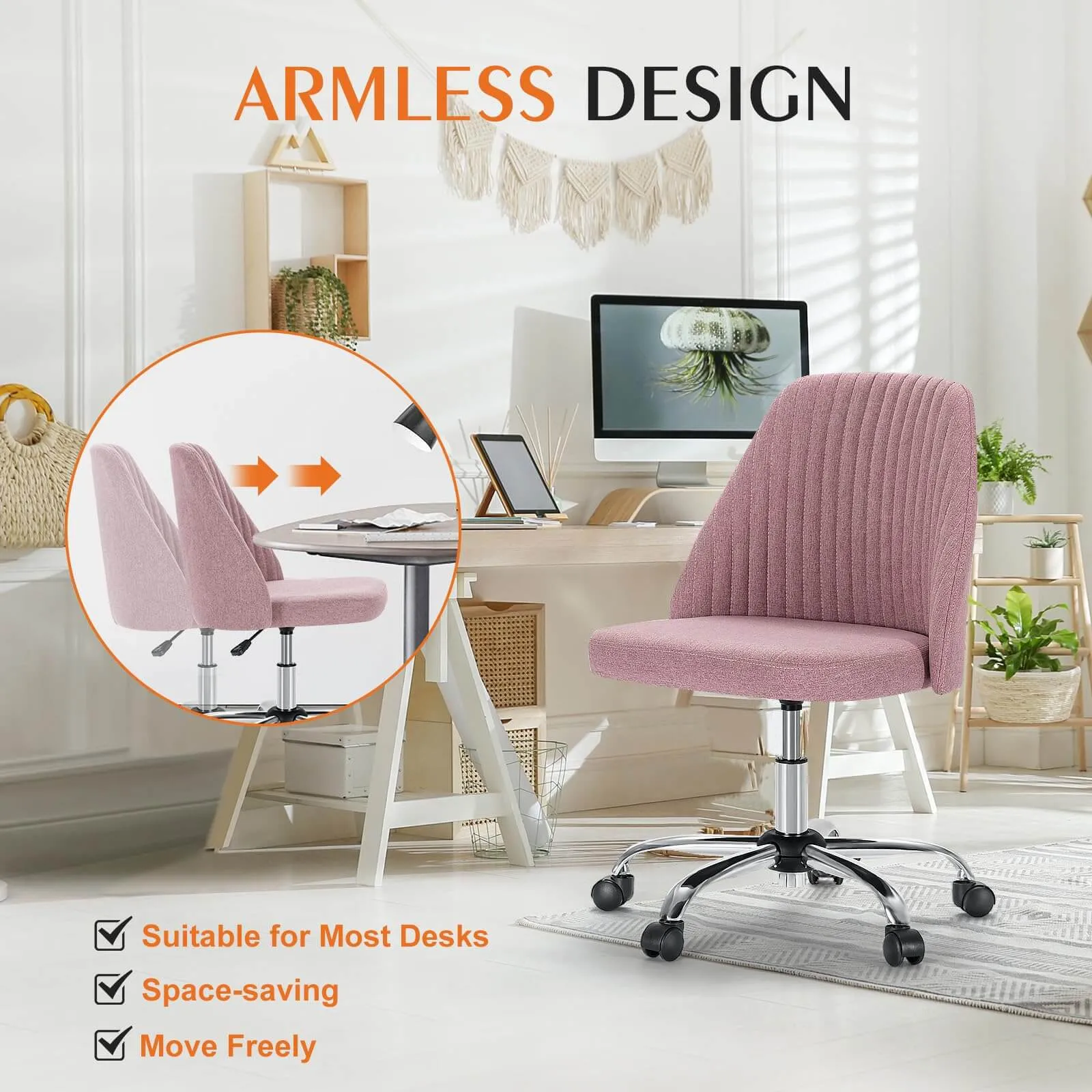 Modern Fabric Armless Adjustable Swivel Office Desk Chairs with Wheels