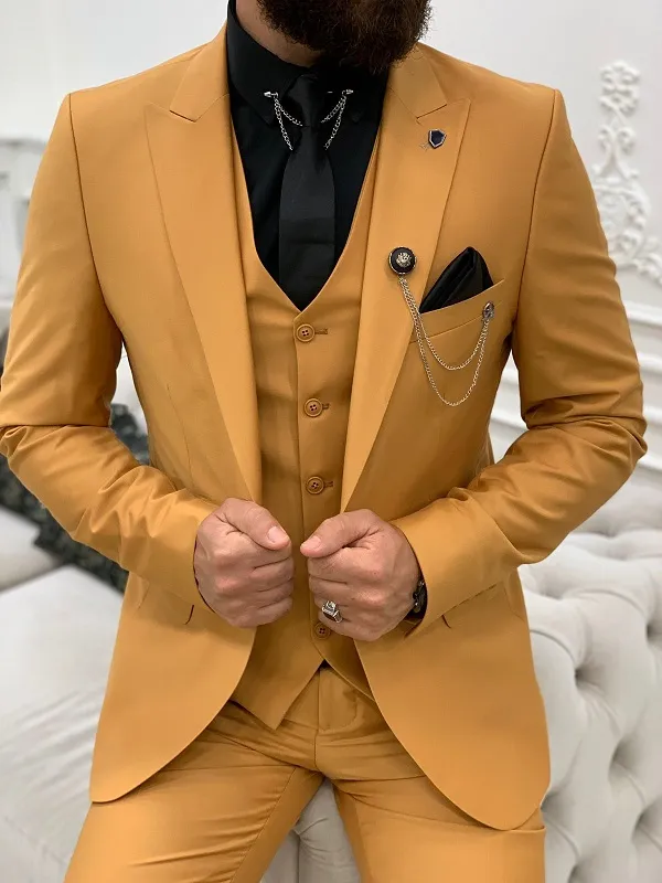 Mustard Slim Fit Peak Lapel Suit by GentWith.com | Worldwide Shipping