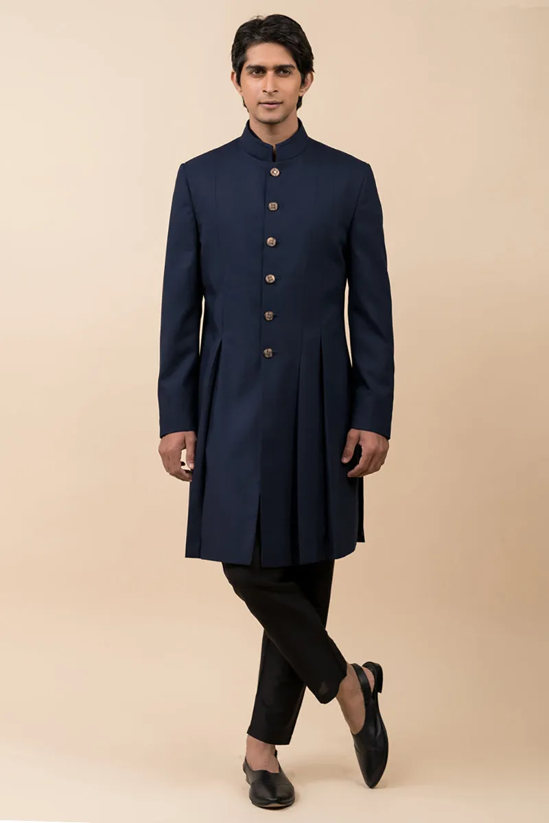 Navy Achkan With Pleat Details