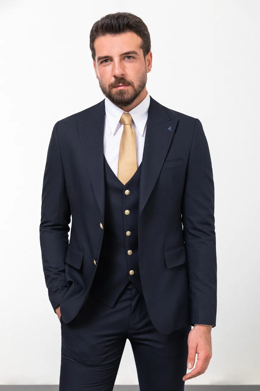 Navy Blue Slim Fit Peak Lapel 3 Piece Suit for Men | GentWith