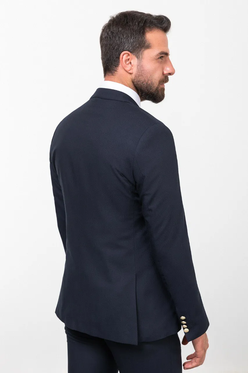 Navy Blue Slim Fit Peak Lapel 3 Piece Suit for Men | GentWith