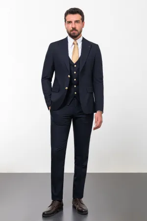 Navy Blue Slim Fit Peak Lapel 3 Piece Suit for Men | GentWith