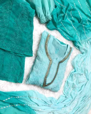 Ombre Turquoise Blue Georgette Chikankari Suit with Beautiful Handwork Embroidery Latest Online