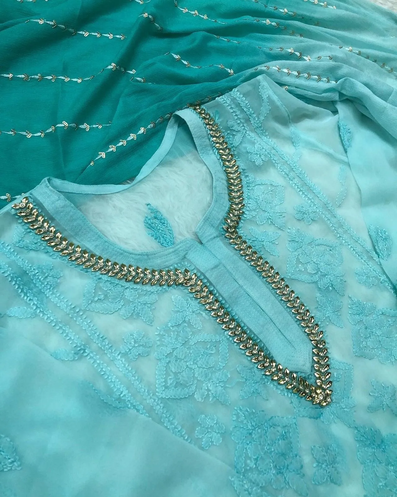 Ombre Turquoise Blue Georgette Chikankari Suit with Beautiful Handwork Embroidery Latest Online