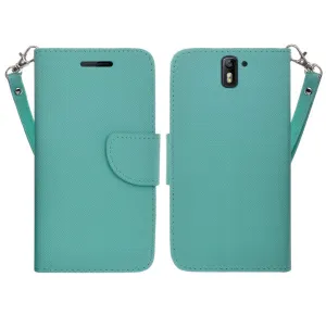 OnePlus One Case, Wrist Strap Flip Folio [Kickstand Feature] Pu Leather Wallet Case with ID & Credit Card Slots - Teal
