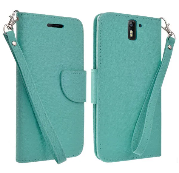 OnePlus One Case, Wrist Strap Flip Folio [Kickstand Feature] Pu Leather Wallet Case with ID & Credit Card Slots - Teal