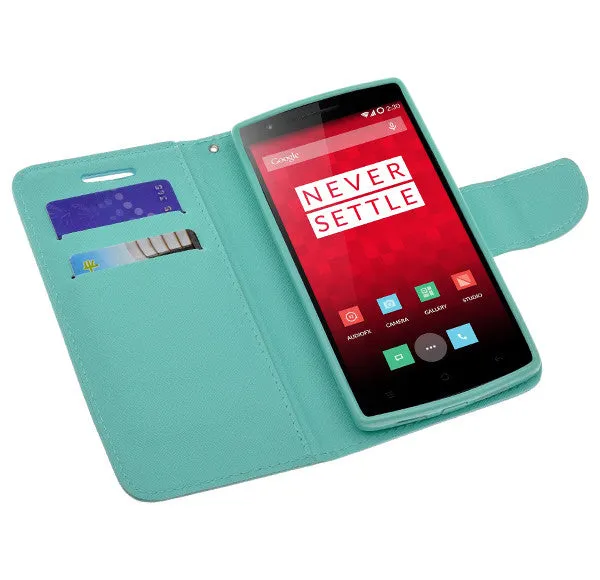 OnePlus One Case, Wrist Strap Flip Folio [Kickstand Feature] Pu Leather Wallet Case with ID & Credit Card Slots - Teal