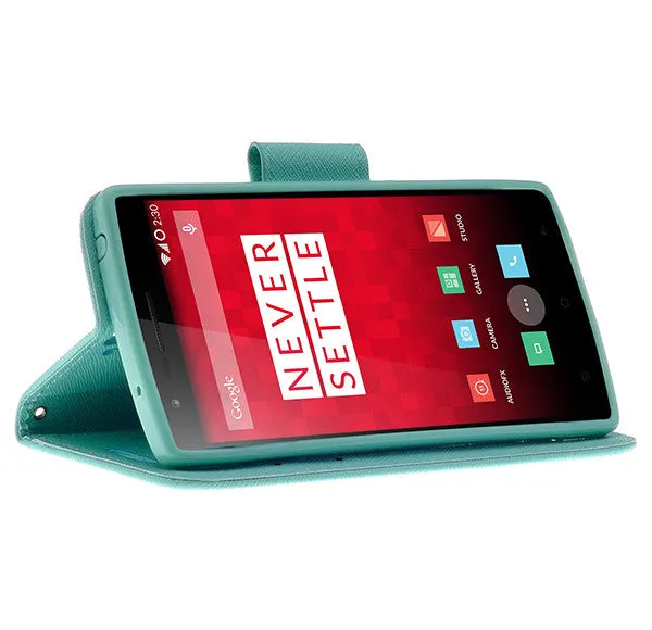 OnePlus One Case, Wrist Strap Flip Folio [Kickstand Feature] Pu Leather Wallet Case with ID & Credit Card Slots - Teal