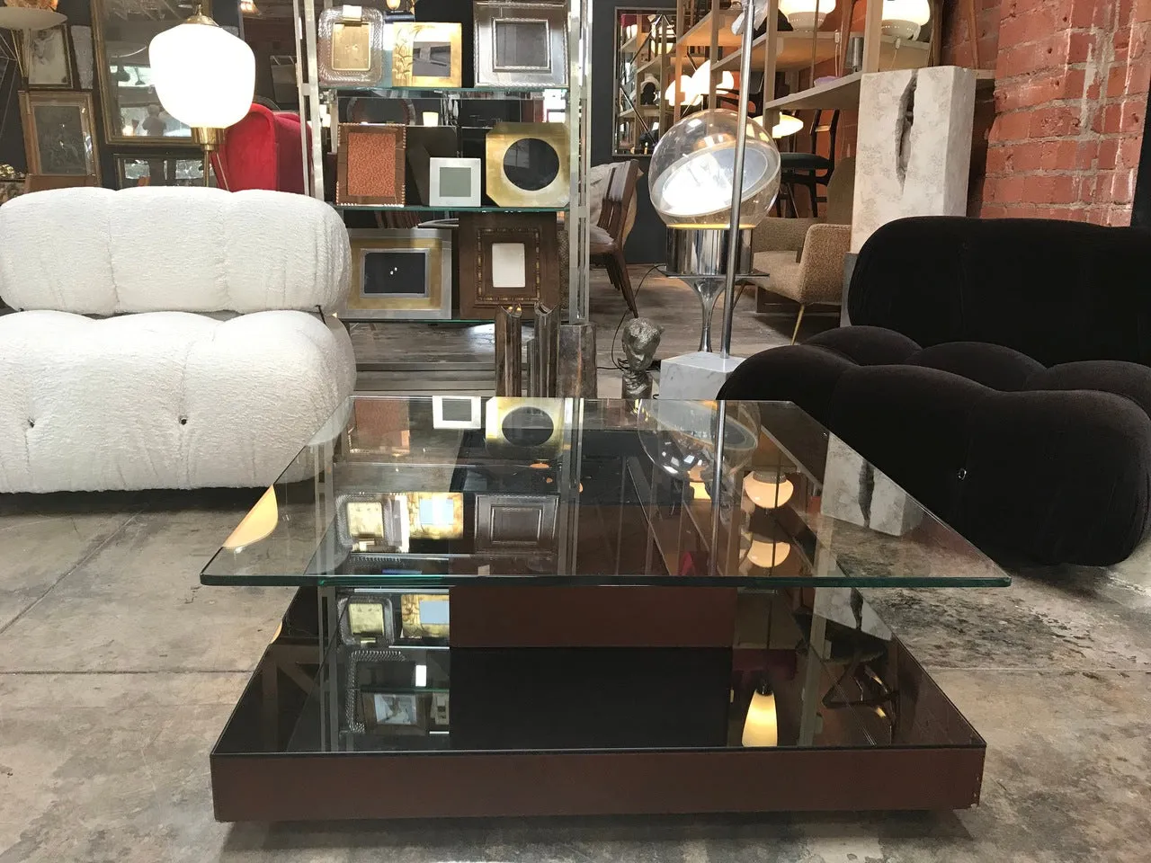 Osvaldo Borsani Square Coffee Table in Leather and Mirror. Italy, 1970s