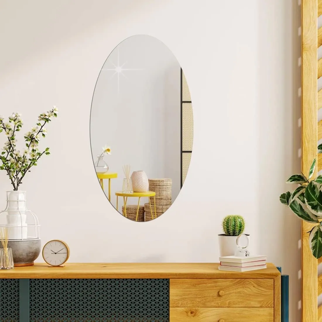 Oval Shape Adhesive Mirror Sticker for Wall on Tiles Bathroom Bedroom Living Room Basin Mirror Bathroom Wall Mirror Stickers Unbreakable Plastic Wall Mirror 20 * 30 (Oval Mirror.)