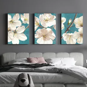 Painting Mantra Stretched Canvas Painting White Blossom Apricot Flower For Living Room Decoration, Modern Colorful Aesthetic Home Décor (Set of 3, Size: 16x22 Inch)