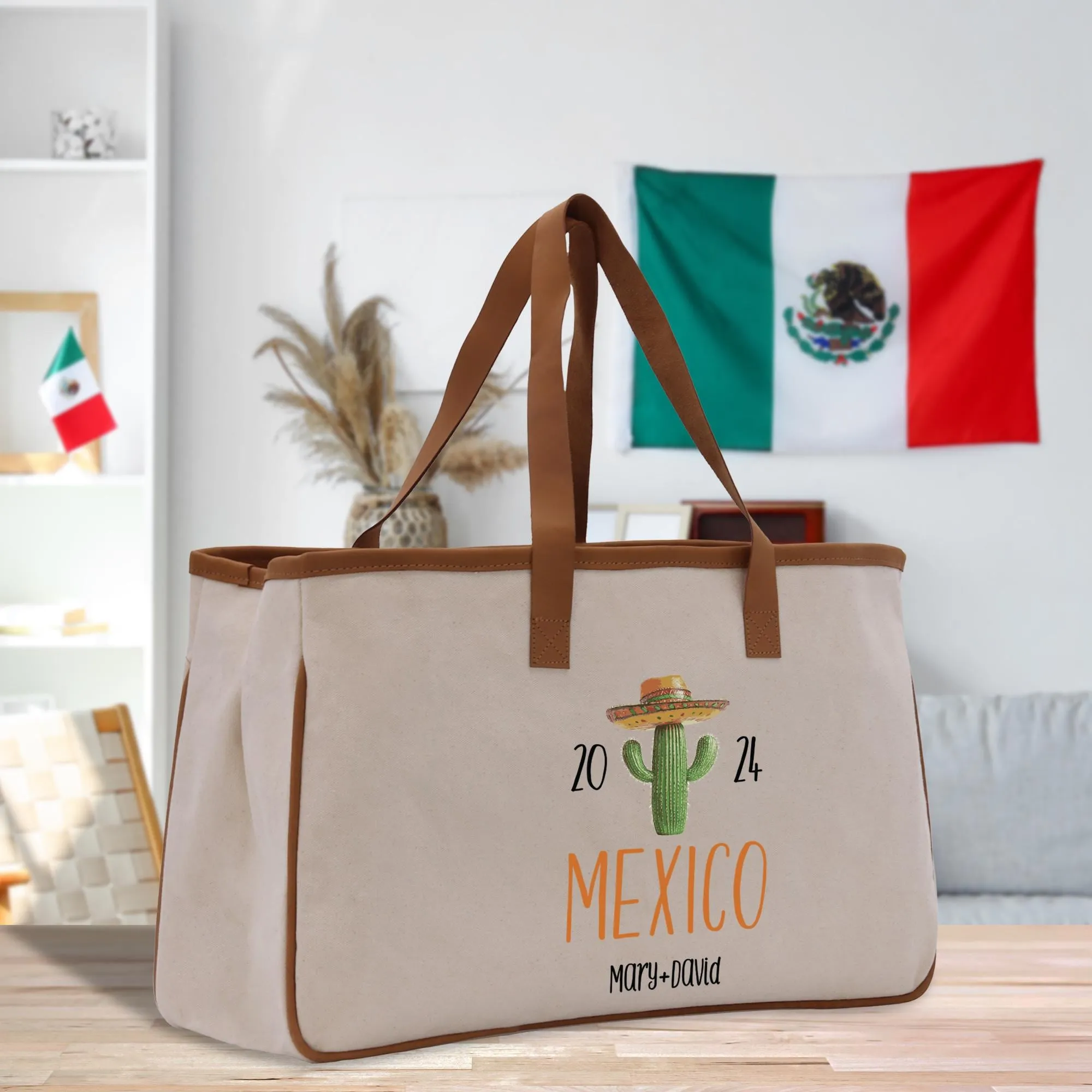 Personalized Year Mexico Cotton Canvas Tote Bag Custom Cancun Trip Bag Mexico Wedding Welcome Bag Party Favor Bags (MXTB1008)