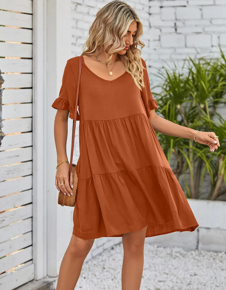 Plain Flounce Sleeve Pleated V Neck Midi Dresses