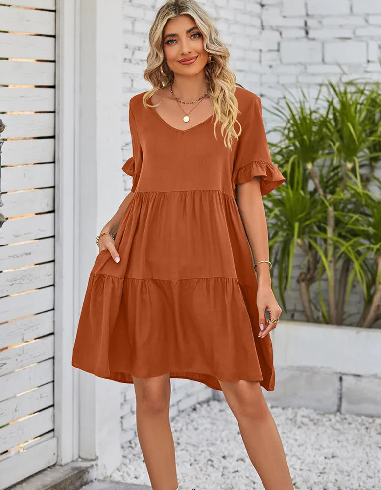 Plain Flounce Sleeve Pleated V Neck Midi Dresses