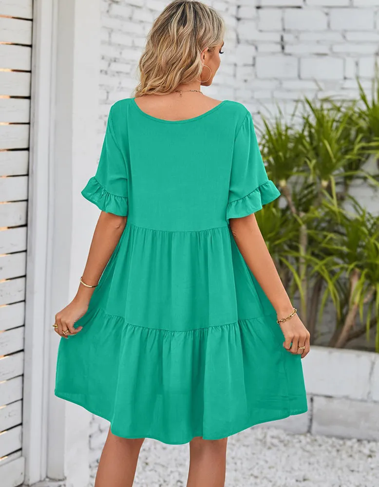 Plain Flounce Sleeve Pleated V Neck Midi Dresses