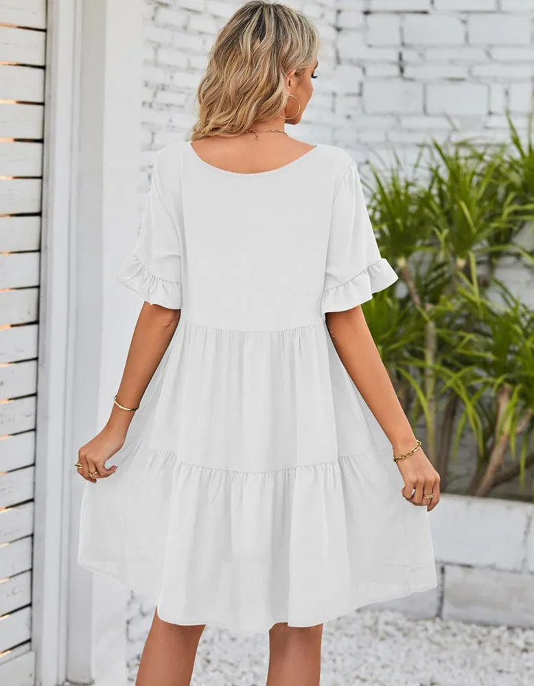 Plain Flounce Sleeve Pleated V Neck Midi Dresses
