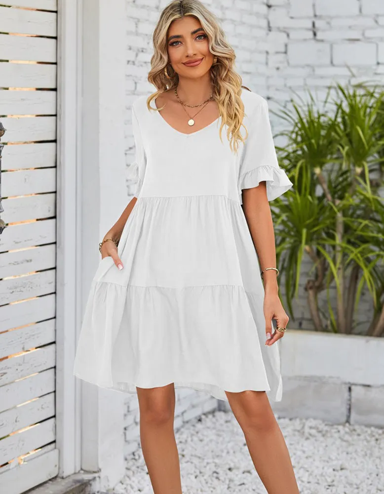 Plain Flounce Sleeve Pleated V Neck Midi Dresses