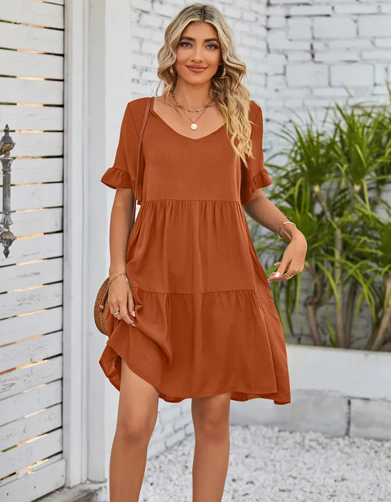 Plain Flounce Sleeve Pleated V Neck Midi Dresses