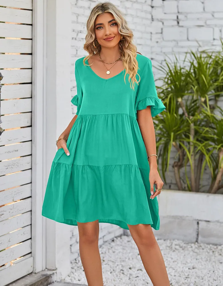 Plain Flounce Sleeve Pleated V Neck Midi Dresses