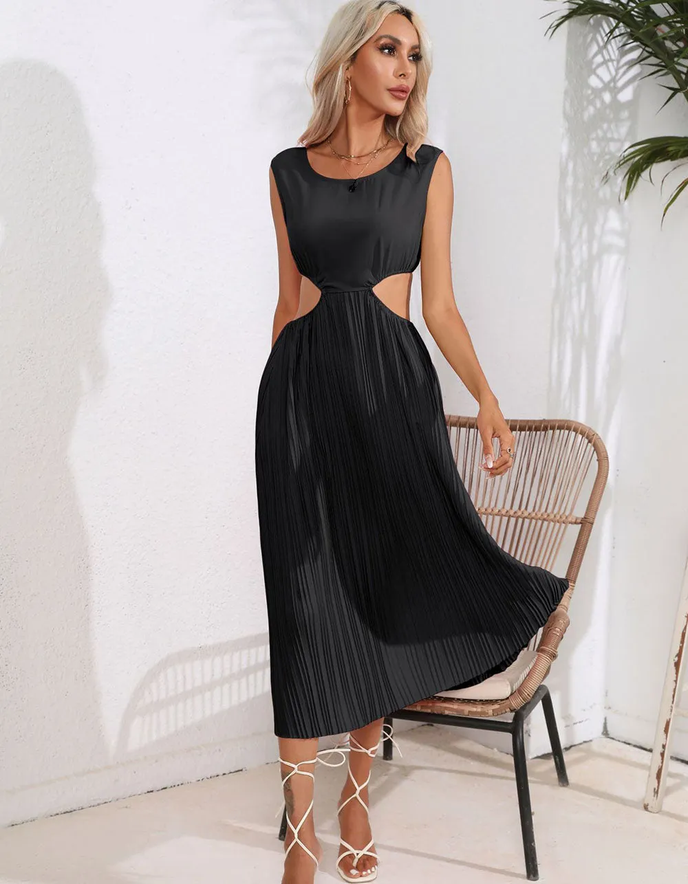 Plain Solid-color High Waist Round Neck Hollow Out Midi A-Line Dresses