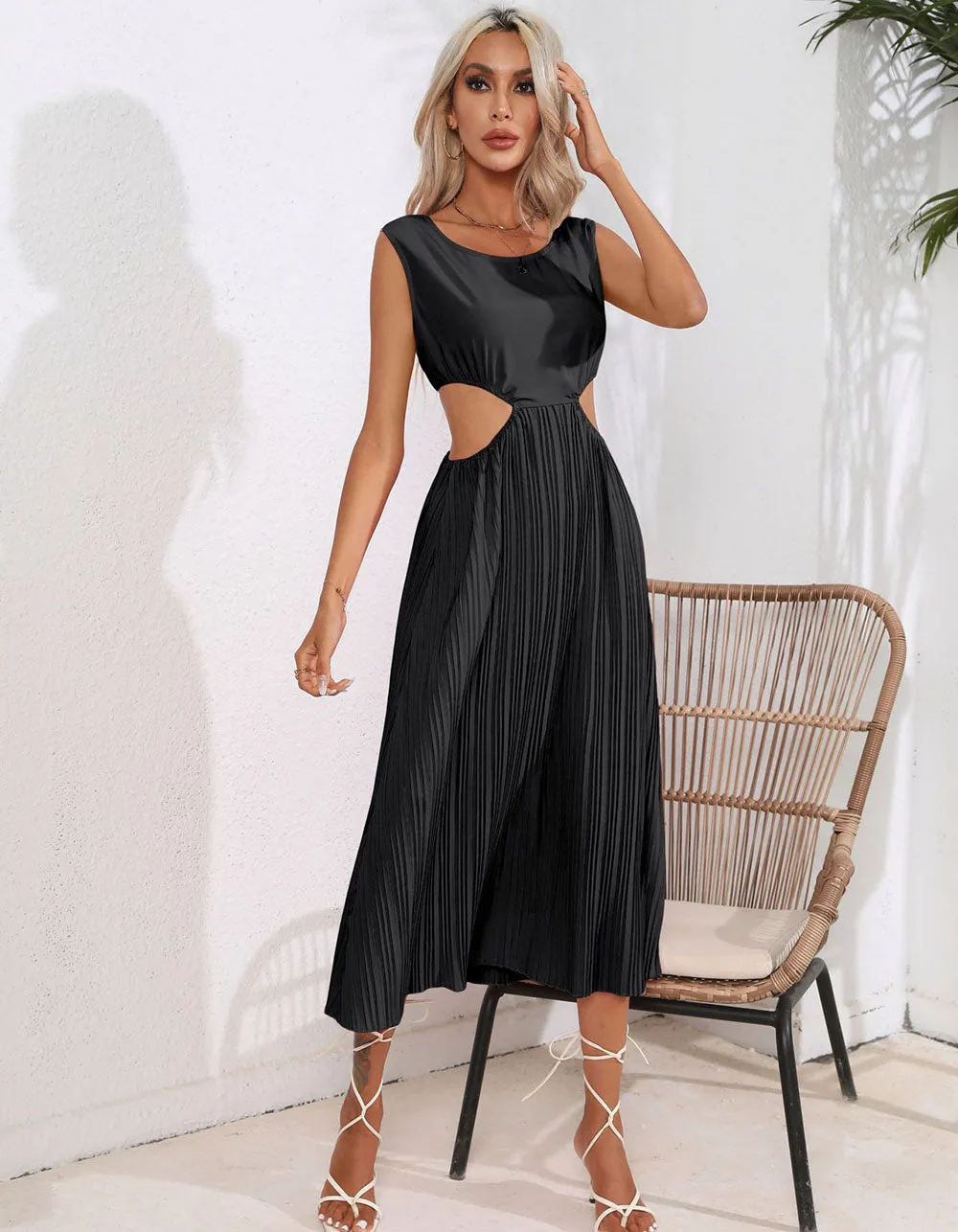 Plain Solid-color High Waist Round Neck Hollow Out Midi A-Line Dresses